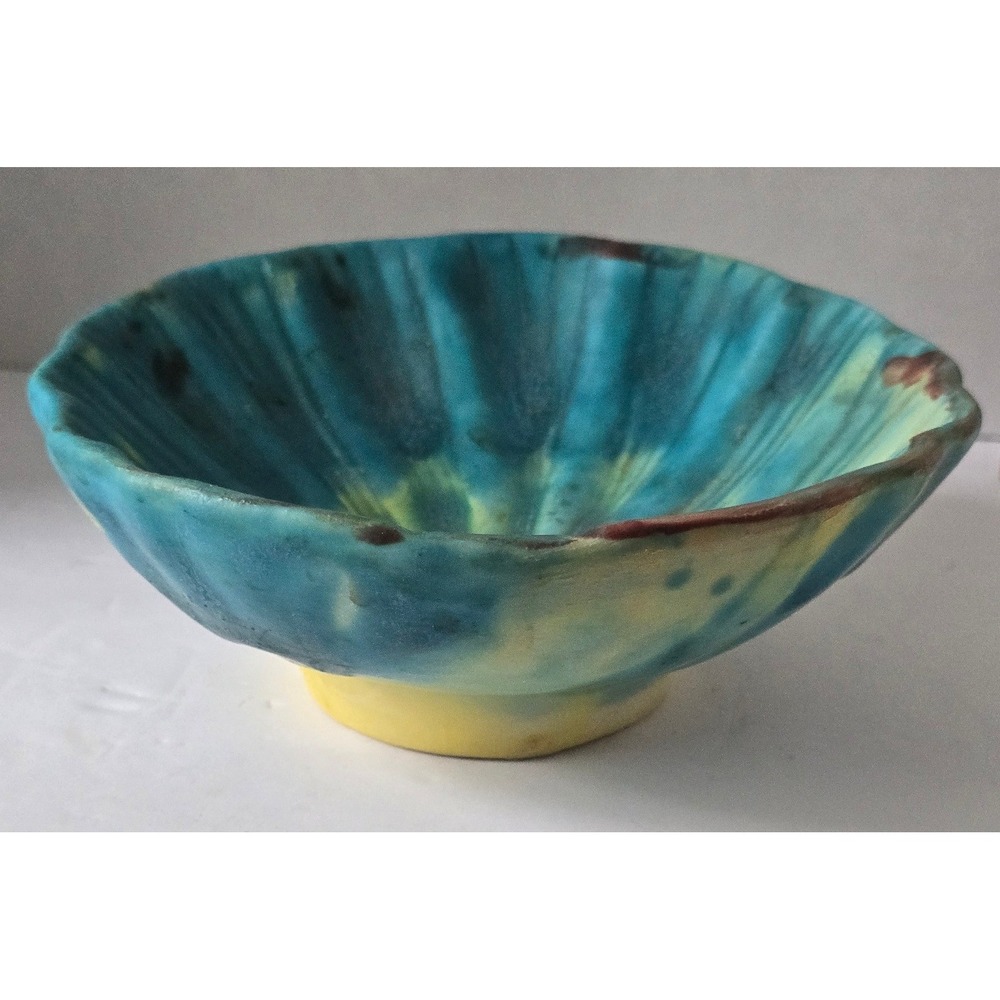 Vtg Signed Nime Mexican Oaxacan Pottery Shell Bowl Turquoise Yellow Drip Glaze